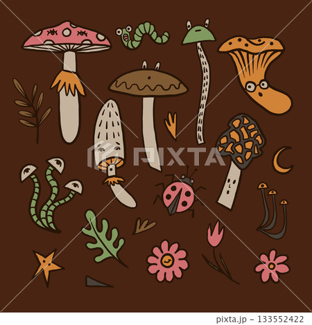 Mushroom autumn vector with forest worms flowers leaves and funny insects Mushroom autumn vector with forest worms flowers leaves and funny insects 133552422