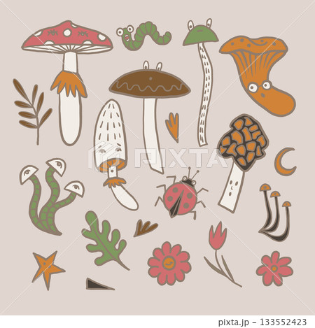 Mushroom autumn vector with forest worms flowers leaves and funny insects 133552423