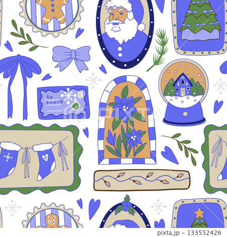 Frame Christmas vector seamless pattern with Santa Claus gifts stockings bows and decorations 133552426