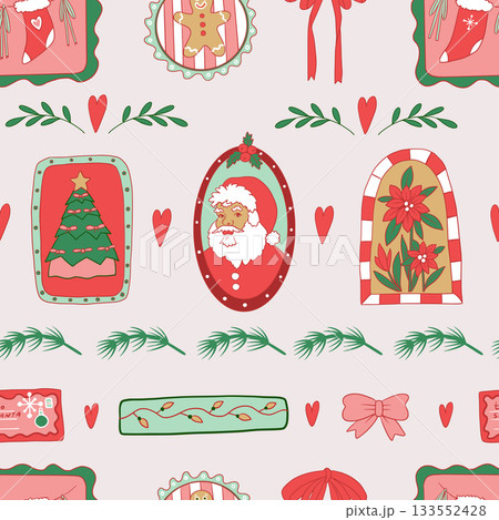 Frame Christmas vector seamless pattern with Santa Claus gifts stockings bows and decorations 133552428