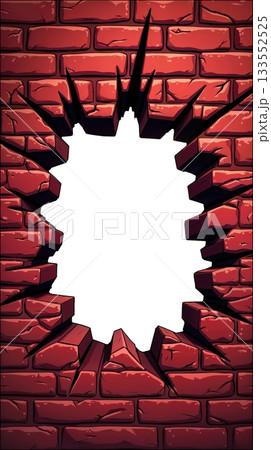Cartoon brick wall with shattered hole and transparent center 133552525