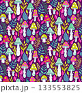 Bright whimsical mushroom pattern with vivid foliage. Perfect for kids products, fabric prints, stationery, gift wrap, and playful branding. 133553825