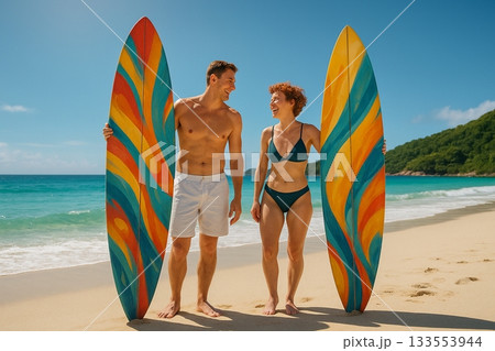 Surfing Couple With Colorful Boards On Tropical Beach 133553944
