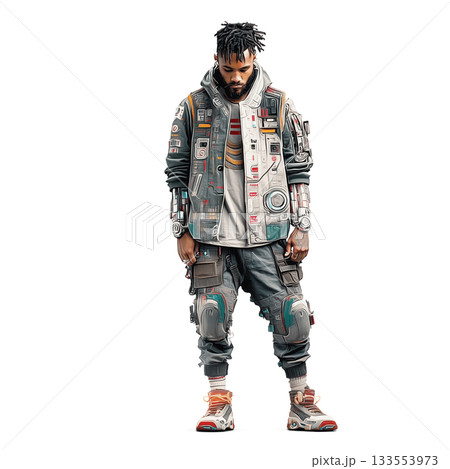 Wall Art Cool Cyberpunk Boy at Monorail Station Full Body Crazy Look Sticker Cutout 133553973