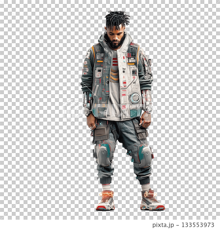 Wall Art Cool Cyberpunk Boy at Monorail Station Full Body Crazy Look Sticker Cutout 133553973