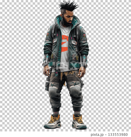 Wall Art Cool Cyberpunk Boy in Atmospheric Fog Street with Crazy Look Full Body Cutout 133553980