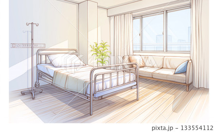 一人用の病室で過ごす静かな時間、整ったベッドと簡素な家具が描かれた個室空間。医療、介護、入院、療養 133554112