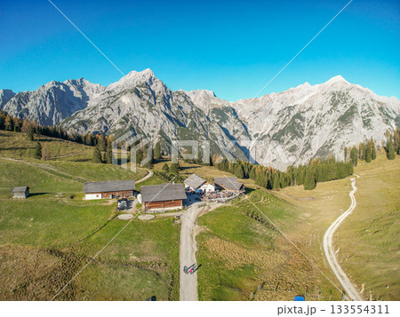 Walderalm Gnadenwald scenic landscape view Nordkette mountain alps in Tyrol aerial view of Alps near Innsbruck Austria 133554311