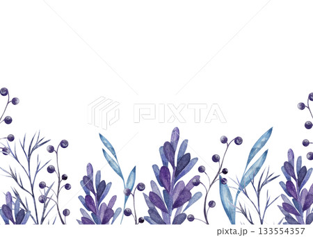Watercolor botanical border with purple berries and leaves creates an elegant floral background. The minimalist natural design is ideal for wedding invitation layout. Space for text, isolated. 133554357