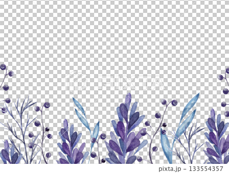 Watercolor botanical border with purple berries and leaves creates an elegant floral background. The minimalist natural design is ideal for wedding invitation layout. Space for text, isolated. Watercolor botanical border with purple berries and leaves creates an elegant floral background. The minimalist natural design is ideal for wedding invitation layout. Space for text, isolated. 133554357