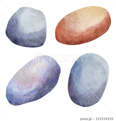 Watercolor set of illustrations smooth gray and orange stones and rocks. Hand drawn natural mineral collection on white background. Organic earthy elements for zen garden and minimalist design 133554359