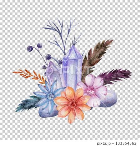 Mystical watercolor composition with purple crystal, bird feathers. Bohemian arrangement of stones, dried flowers and twigs on white. Hand painted spiritual illustration for magic, meditation themes Mystical watercolor composition with purple crystal, bird feathers. Bohemian arrangement of stones, dried flowers and twigs on white. Hand painted spiritual illustration for magic, meditation themes 133554362
