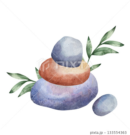 Small tower, stack of stones with green twigs against calm watercolor illustration. Zen composition for spa, meditation, and wellness themes. Hand drawn minimalist design that balance and tranquility 133554363