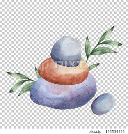 Small tower, stack of stones with green twigs against calm watercolor illustration. Zen composition for spa, meditation, and wellness themes. Hand drawn minimalist design that balance and tranquility 133554363