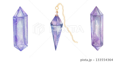 Watercolor set of purple crystals for fortune telling and mystical rituals. Hand drawn magical illustration amethyst. Spiritual tool for witchcraft, divination, and energy healing on white background 133554364