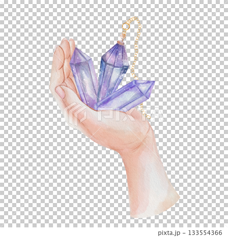 Hand holding collection of purple crystals for fortune telling. Mystical watercolor illustration isolated on white background. Spiritual tool for divination, energy healing, and psychic rituals Hand holding collection of purple crystals for fortune telling. Mystical watercolor illustration isolated on white background. Spiritual tool for divination, energy healing, and psychic rituals 133554366