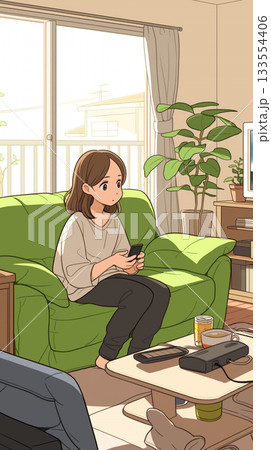 窓辺のソファに座る女性、スマホ操作、リビングで過ごす午後、家庭の暮らし、家でのひととき、観葉植物 133554406