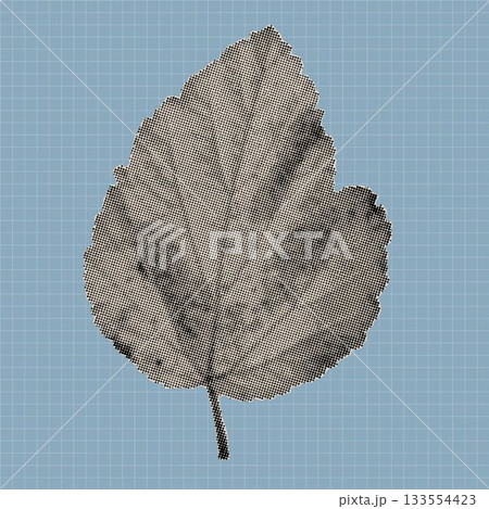 Detailed vintage-style halftone leaf created with dense black dots. Perfect for botanical prints, retro posters, textured backgrounds, minimal art, and modern graphic compositions. 133554423