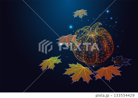 Glowing digital low poly pumpkin with colorful autumn leaves, futuristic fall vector illustration Glowing digital low poly pumpkin with colorful autumn leaves, futuristic fall vector illustration 133554429