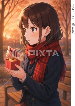 冬の夕暮れに小箱を開ける少女 133554562