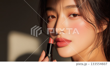 トレンド感あるツヤ肌と自然なリップメイクの美肖像 133554607