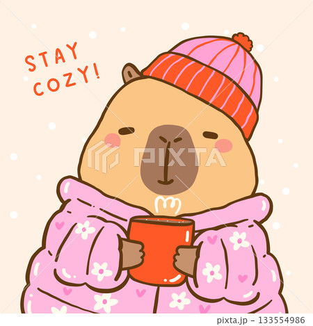Kawaii Cozy Winter Capybara holding Coffee Mug, Cute vibrant hand drawn doodle Greeting Card Printable 133554986