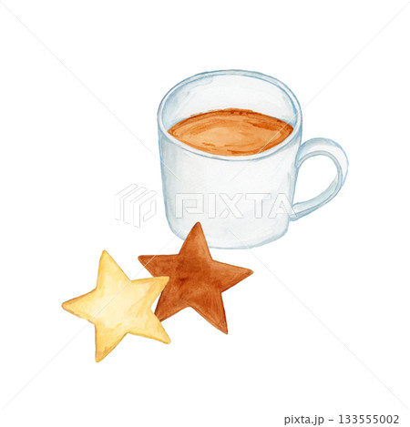 手描き水彩の白いマグカップのココアと星型クッキーのイラスト 133555002
