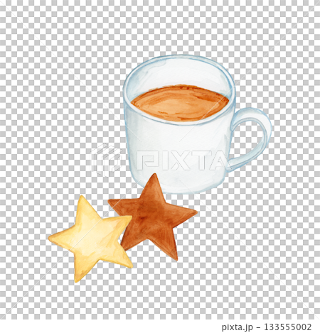 Hand drawn watercolor illustration of a white mug of cocoa and star-shaped cookies 133555002