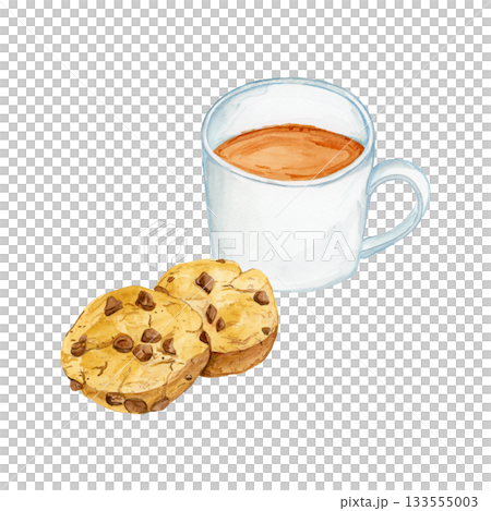 Hand drawn watercolor illustration of a white mug of cocoa and chocolate chip cookies Hand drawn watercolor illustration of a white mug of cocoa and chocolate chip cookies 133555003