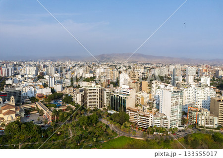 Aerial view of La Costa Verde and the Miraflores boardwalk in Lima 133555017