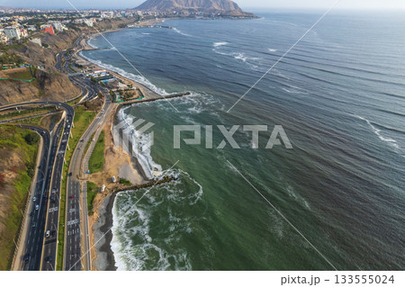 Aerial view of La Costa Verde and the Miraflores boardwalk in Lima 133555024