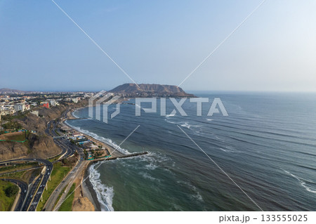 Aerial view of La Costa Verde and the Miraflores boardwalk in Lima 133555025