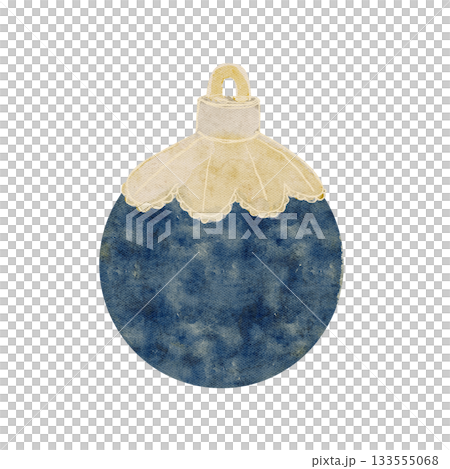 Christmas tree blue textured ball, Christmas ornament isolated on white. Watercolor clip art perfect for wrapping paper, cards, new year, invitations, stickers, textile, posters, totes design 133555068