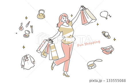 ショッピングを楽しむ女性のシンプルタッチのイラストデザイン素材 133555088