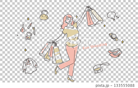 ショッピングを楽しむ女性のシンプルタッチのイラストデザイン素材 133555088
