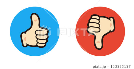 評価のマーク。親指を立てたアイコン、親指を下げたアイコン。漫画風のグッドサイン。 133555157