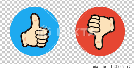 評価のマーク。親指を立てたアイコン、親指を下げたアイコン。漫画風のグッドサイン。 133555157