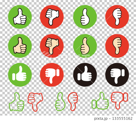 評価のマーク。親指を立てたアイコン、親指を下げたアイコン。漫画風のグッドサイン。 133555162