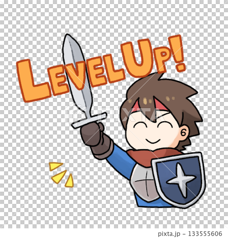 レベルアップを喜ぶ剣を掲げたRPG風の勇者のイラストのイラスト素材