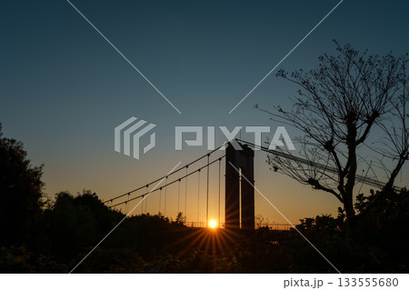 風の釣り橋　冬の日の出　神奈川県秦野 133555680