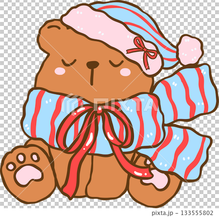 Coquette Cozy Winter Sleeping Teddy Bear Doll with Scarf and Red Ribbon Bows Cartoon Hand Drawn 133555802