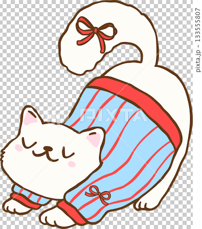 Coquette Cozy Winter Stretching Cat in Blue Jumber with Red Ribbon Bows Cartoon Hand Drawn Coquette Cozy Winter Stretching Cat in Blue Jumber with Red Ribbon Bows Cartoon Hand Drawn 133555807