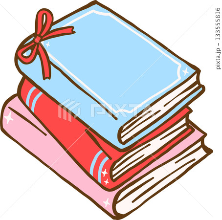 Preppy Open Stack Books with Red Ribbon Bow Cartoon Hand Drawn Preppy Open Stack Books with Red Ribbon Bow Cartoon Hand Drawn 133555816