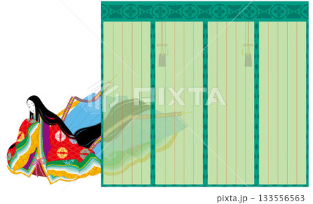 日本の伝統的な着物の正装の十二単衣の衣装。御簾の後ろの女性。 日本の伝統的な着物の正装の十二単衣の衣装。御簾の後ろの女性。 133556563