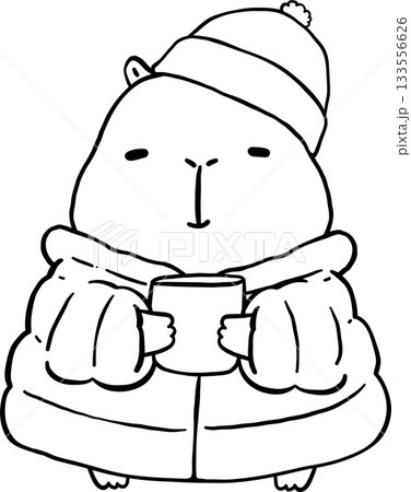 Kawaii Christmas Capybara Outline Wearing Padded Jacket and holding Hot Coffee Mug Cartoon Doodle Hand Drawn 133556626