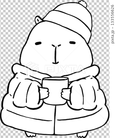 Kawaii Christmas Capybara Outline Wearing Padded Jacket and holding Hot Coffee Mug Cartoon Doodle Hand Drawn 133556626