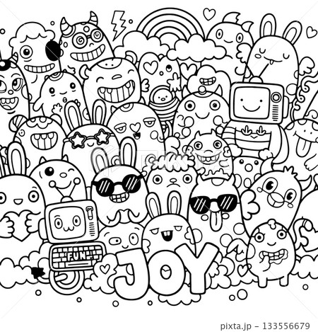 Joyful doodle art with cute cartoon monsters, bunnies, and retro technology in black and white 133556679