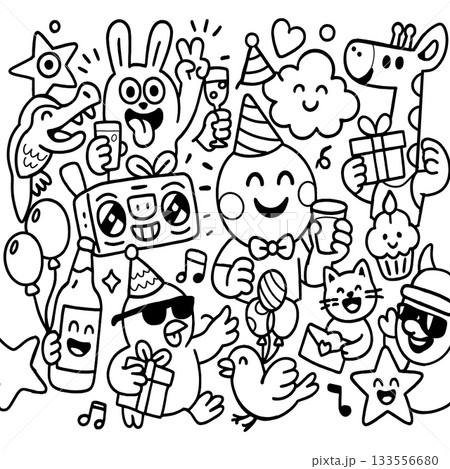 Party doodle black and white animal character gift balloon hat happy music fun 133556680