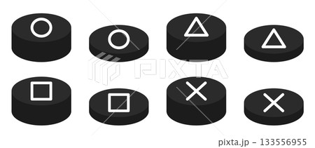 押す前と押した後の丸、三角、四角、バツボタンのモノクロイラスト。円柱状のゲームのスイッチのセット 133556955