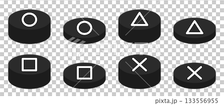 押す前と押した後の丸、三角、四角、バツボタンのモノクロイラスト。円柱状のゲームのスイッチのセット 133556955